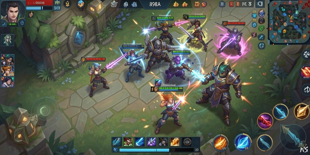 Screenshot utama 898A menampilkan aksi pertarungan MOBA yang intens.