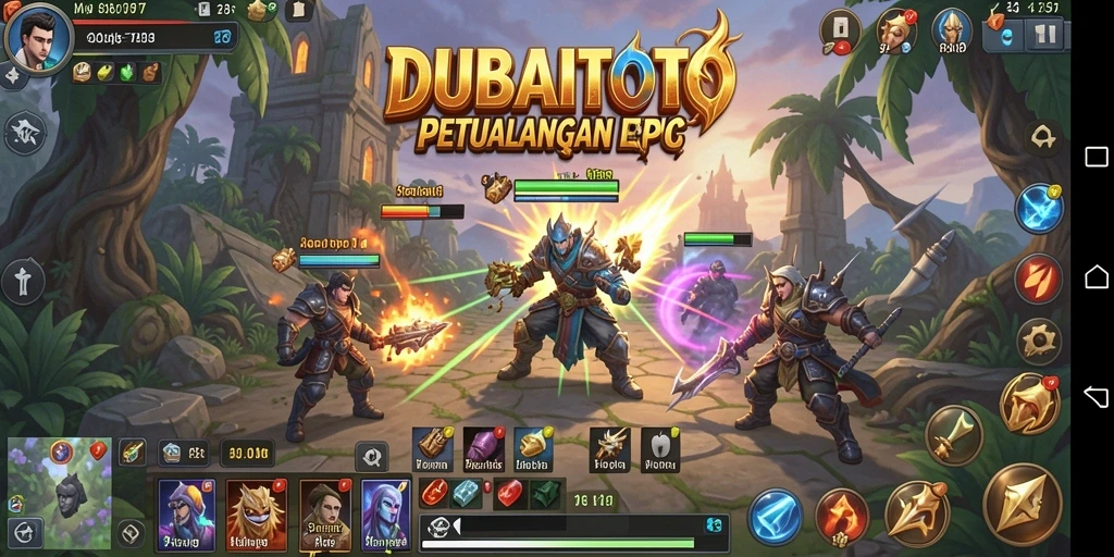 Screenshot gameplay DUBAITOTO menampilkan pertarungan seru dan dunia yang kaya.