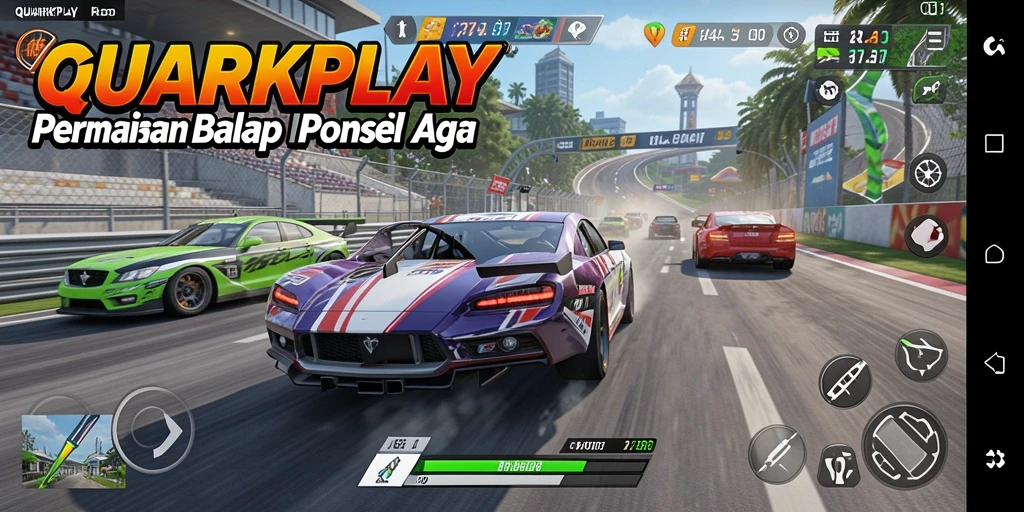 Tampilan gameplay balap mendebarkan di QUARKPLAY saat mobil melaju kencang.